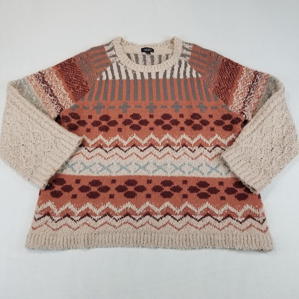GiGiO Sweater Womens Large Multicolor Fair Isle Raglan Knit Pullover Long Sleeve